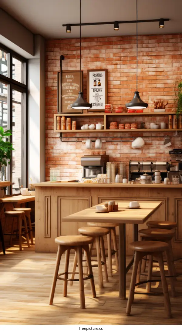 Cozy coffee shop interior with brick walls and wooden furniture