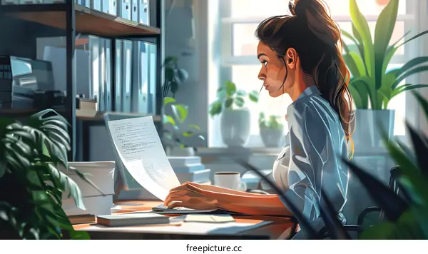 A woman is working in an office.