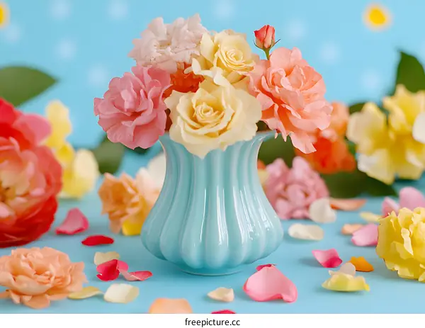 Colorful Roses in a Blue Vase