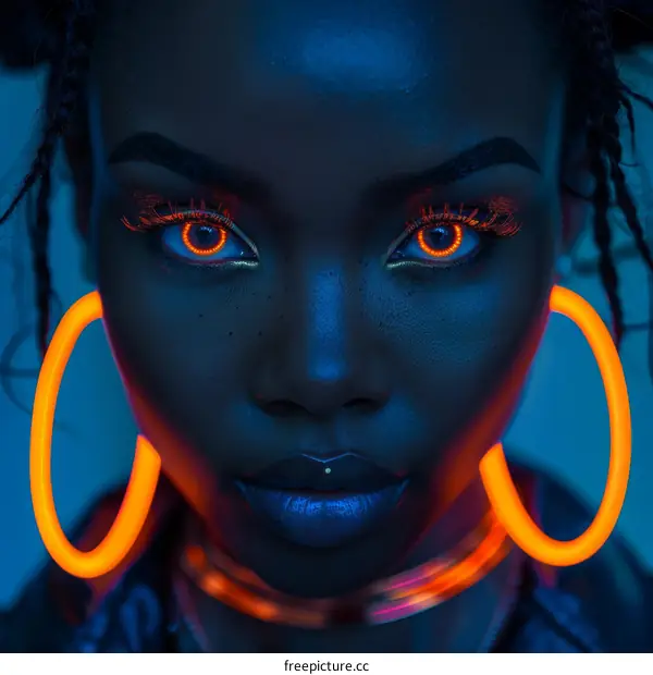 Portrait of a glowing woman with orange eyes