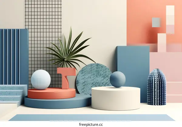 Abstract Geometric Shapes with Palm Tree and 3D Rendered Objects