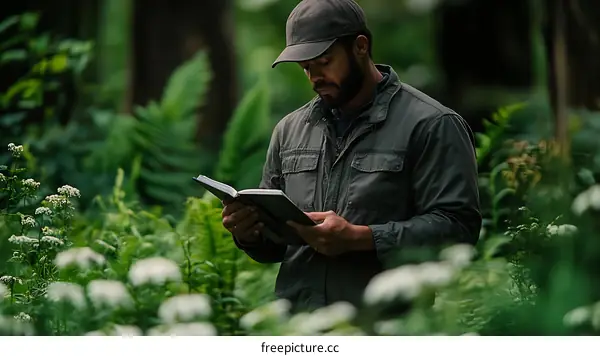 Focused Black Man Reading in a Lush Forest