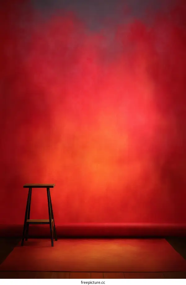 Red Studio Background with Wooden Stool