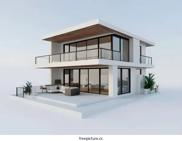 Modern White Two Story House with Balcony and Patio