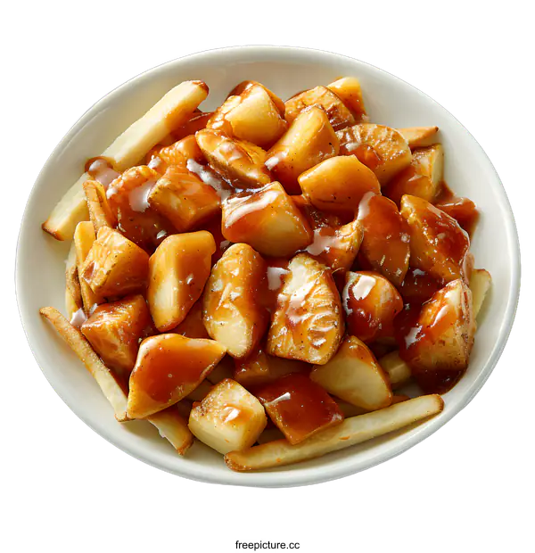 [Transparent Background PNG]A plate of poutine, a Canadian dish of french fries, cheese curds and gravy.