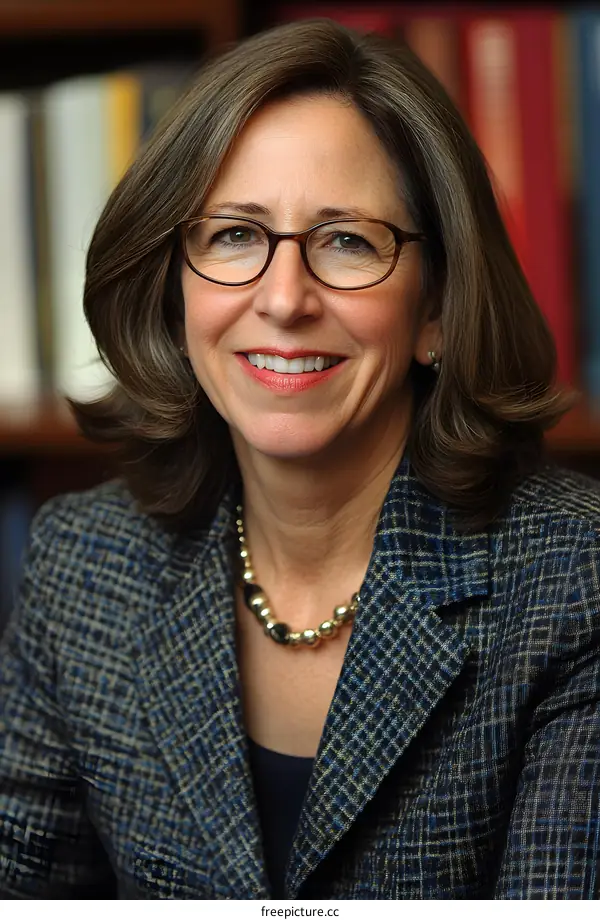 Portrait of a Smiling Woman Wearing Glasses and a Blazer
