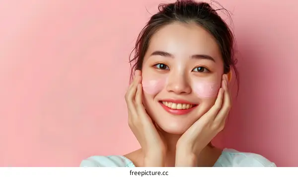 Happy Asian Woman Applying Pink Facial Mask