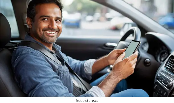 Happy Man Driving and Using Mobile Phone
