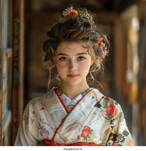 Young Girl Wearing Traditional Japanese Kimono