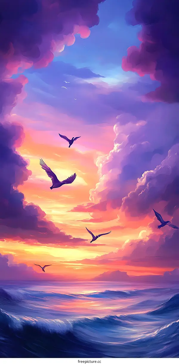Beautiful Sunset Sea Landscape with Birds Flying