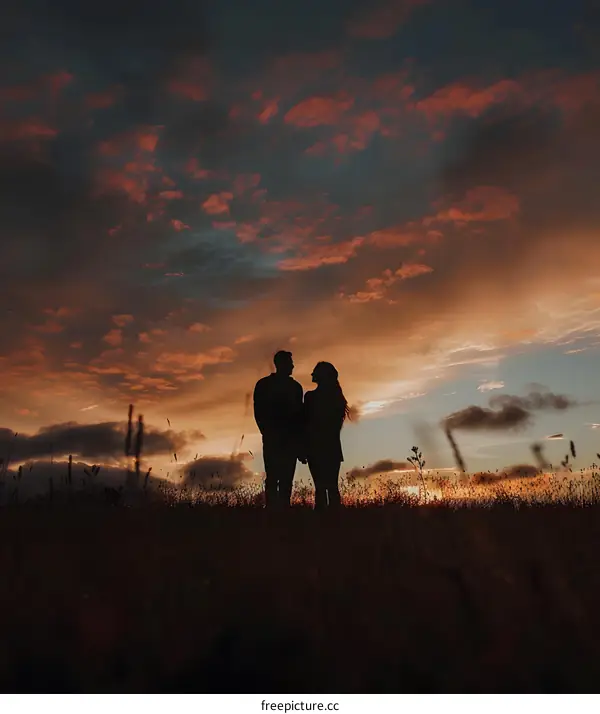 Two people standing in a field of tall grass watching the sunset.