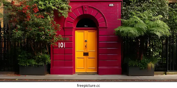 Charming Red House with a Vibrant Yellow Door
