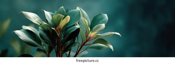 Close Up of Vibrant Green Leaves Against Teal Background