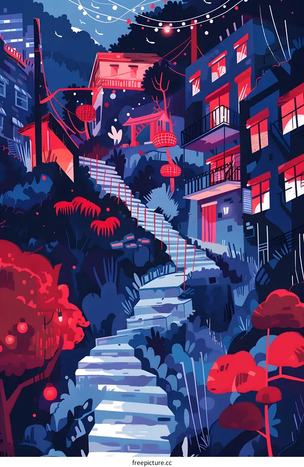 Blue and Red Nighttime Cityscape Illustration