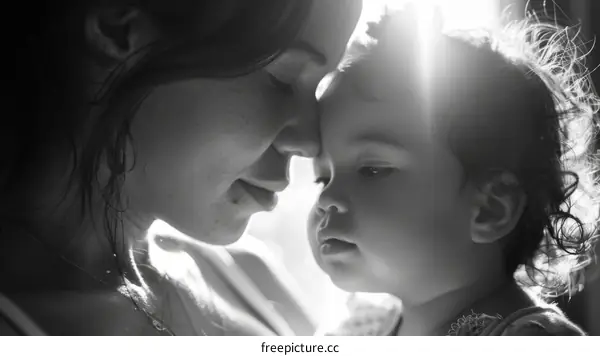 Black and white portrait of a mother and her child