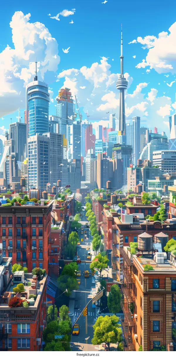 Colorful Cityscape Illustration with Sunny Day