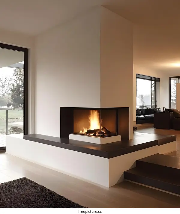 Modern Corner Fireplace in Minimalist Living Room