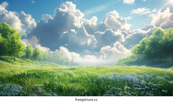 Vibrant Spring Meadow with Lush Flowers and Trees