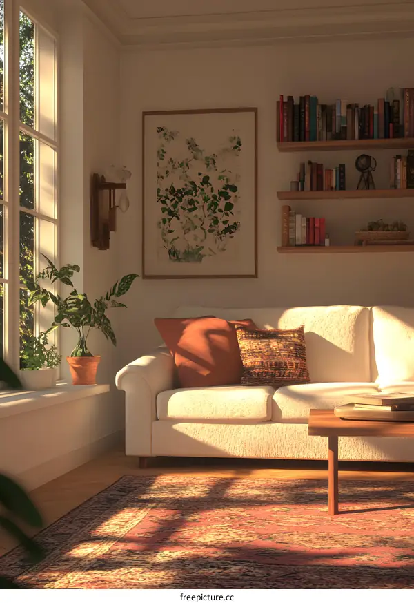 Living Room Interior Design with Beige Sofa and Brown Bookshelf