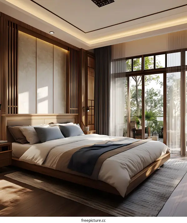 Modern Minimalist Bedroom Interior Design With Wooden Bed Frame And Large Window