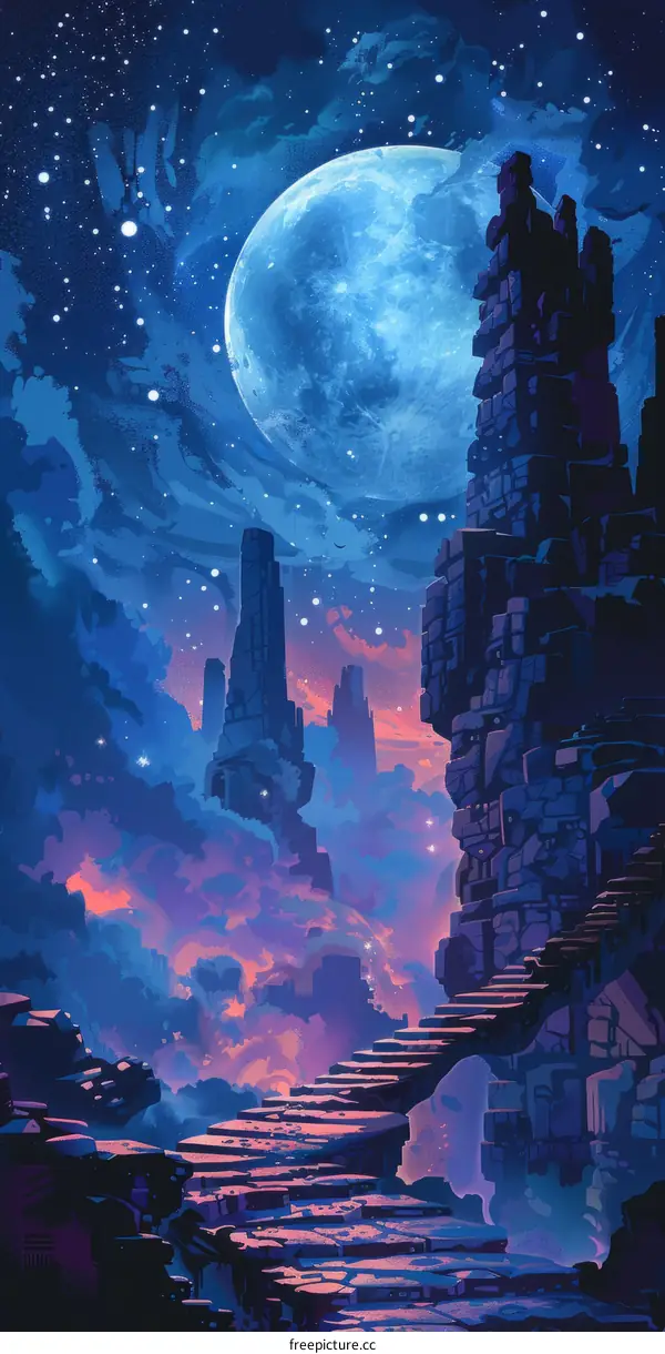Mystical Night Landscape with Blue Moon and Towering Rocks