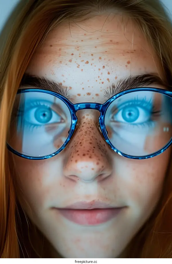 Close-up portrait of a young Caucasian female with freckles wearing blue plastic glasses frames