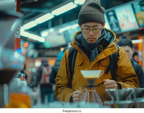 Asian man making coffee with a V60 coffee maker in a busy market
