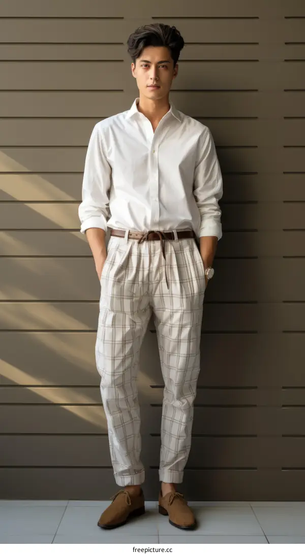 Asian man wearing white shirt and beige pants