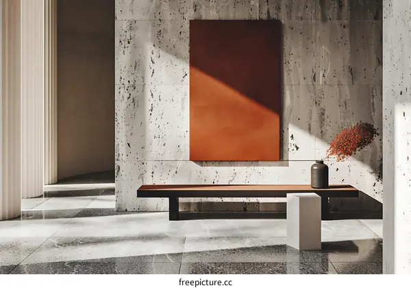 Minimalist Interior Design With Orange Wall And Concrete Floor
