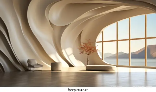 Modern interior space with large window and curved walls