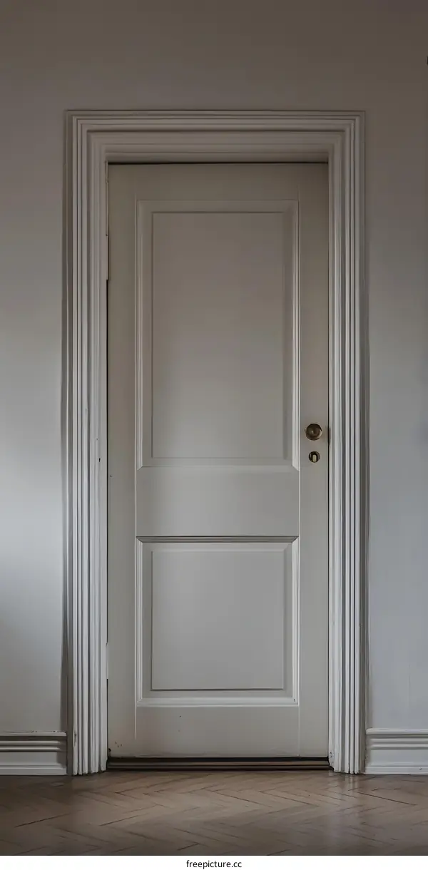 White Door with Ornate Frame in a Room with Hardwood Floors