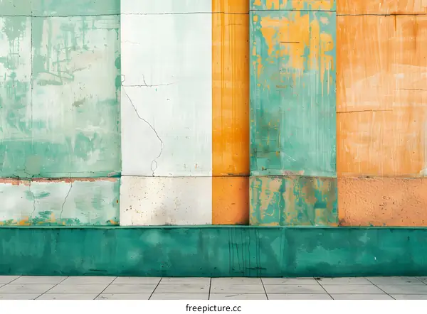 Old Wall with Green, White, Orange and Yellow Paint