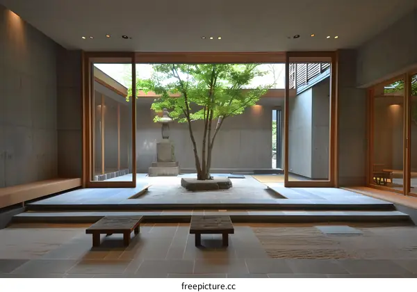 Japanese Zen Garden Interior Design with Minimalist Concrete Walls and Wooden Beams