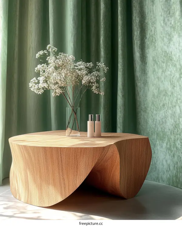 Modern Wooden Coffee Table Against Sage Green Curtains