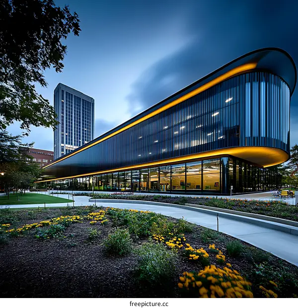 Modern Architecture Building at Dusk with Landscaping