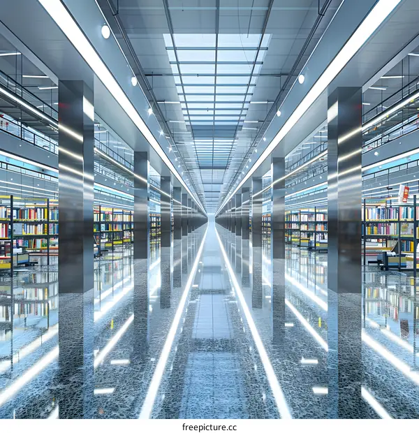 Modern Library Interior Design with Bookshelves and Bright Lights
