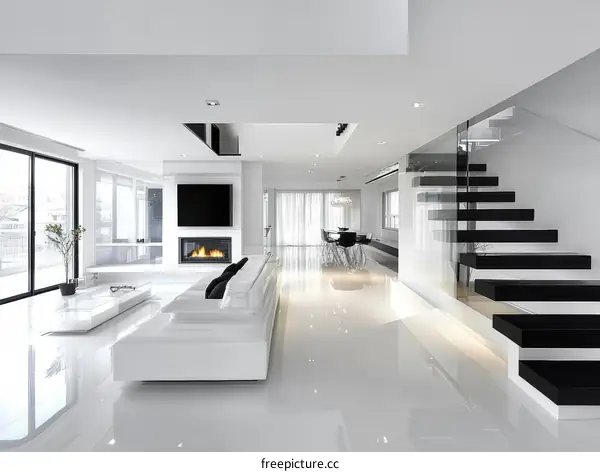 Modern Minimalist White Living Room Design with Black Accents