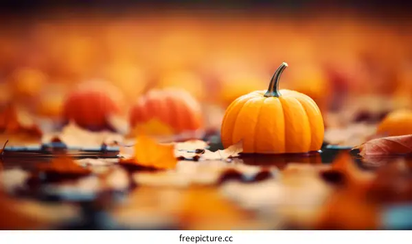 Fall Pumpkin Floating in Water with Leaves in the Background