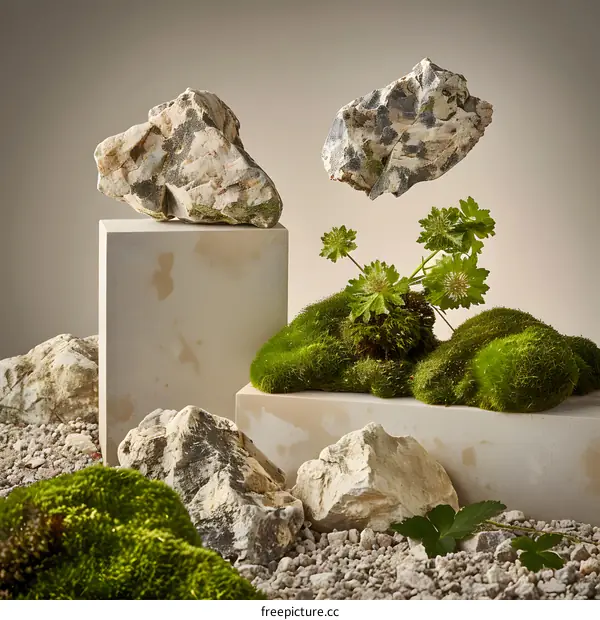 Stone, Moss, And Green Plants Abstract Minimalist Photography