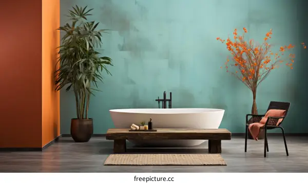 Bathroom interior with green walls, orange accents and freestanding bathtub