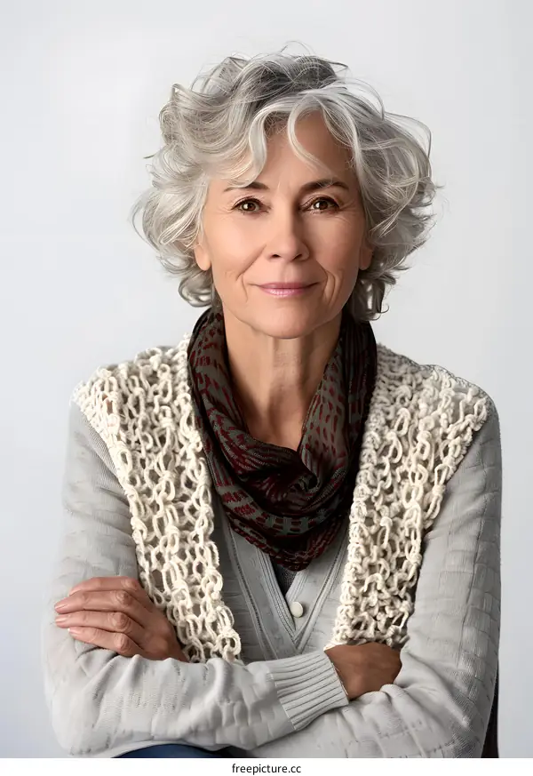 Portrait of a smiling senior woman with gray hair and a scarf