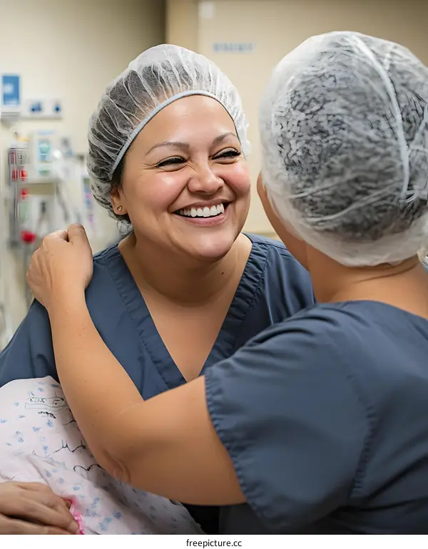 Two Nurses Hugging Each Other After a Successful Surgery