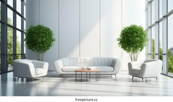 A modern office lobby with a large white sofa, two white armchairs, and two trees