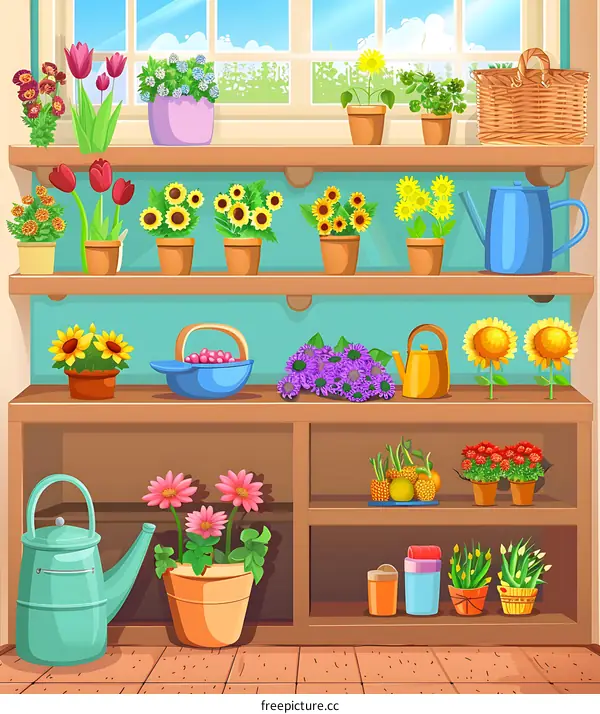 Colorful Flowers in Pots on Shelves Illustration