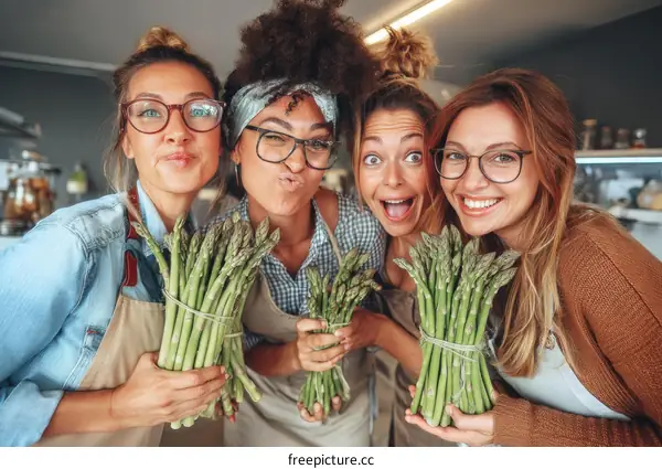 Happy Women Holding Asparagus in Kitchen
