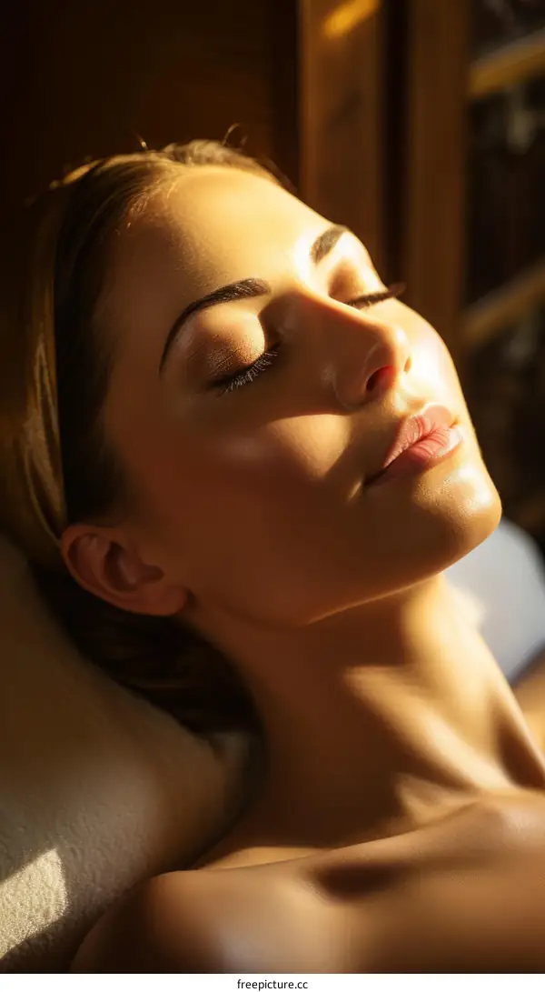 Closeup portrait of a beautiful young woman with eyes closed and a peaceful expression on her face