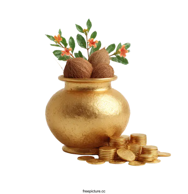 [Transparent Background PNG]Golden Pot with Coconuts and Coins Prosperity
