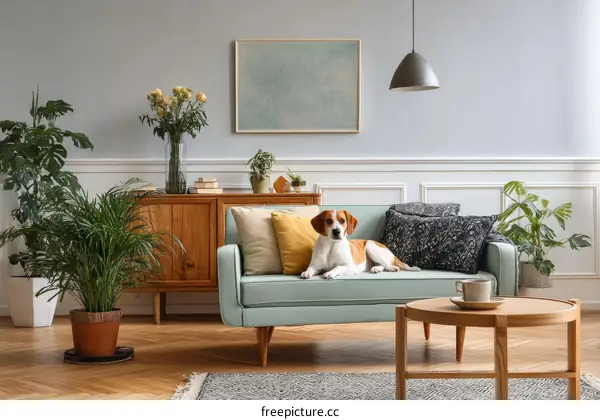 Cozy Living Room with Dog and Plants