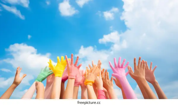 Colorful hands reaching for the sky