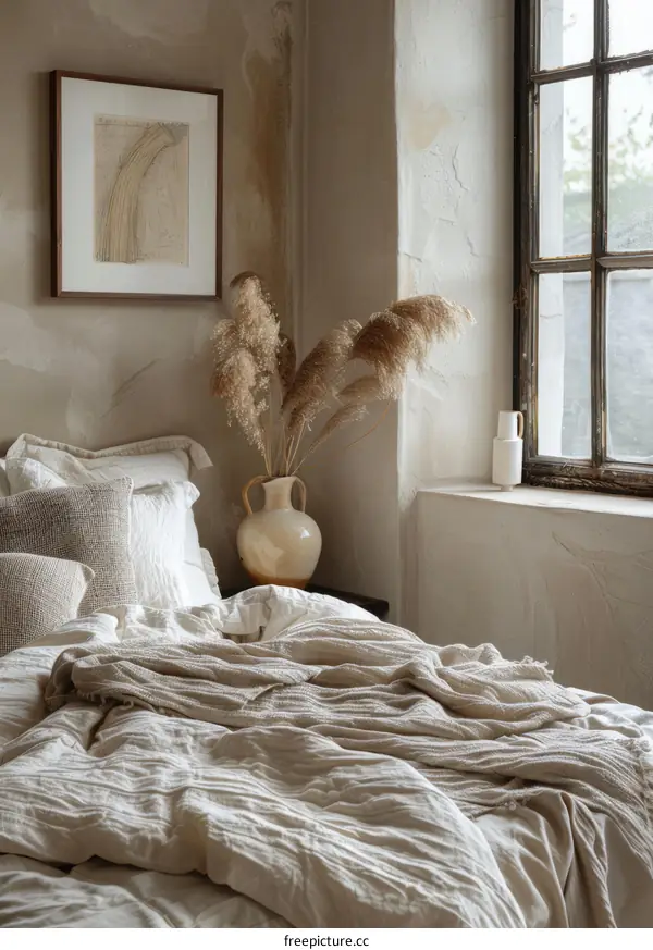 A bedroom with a bed, a vase of flowers, and a picture on the wall